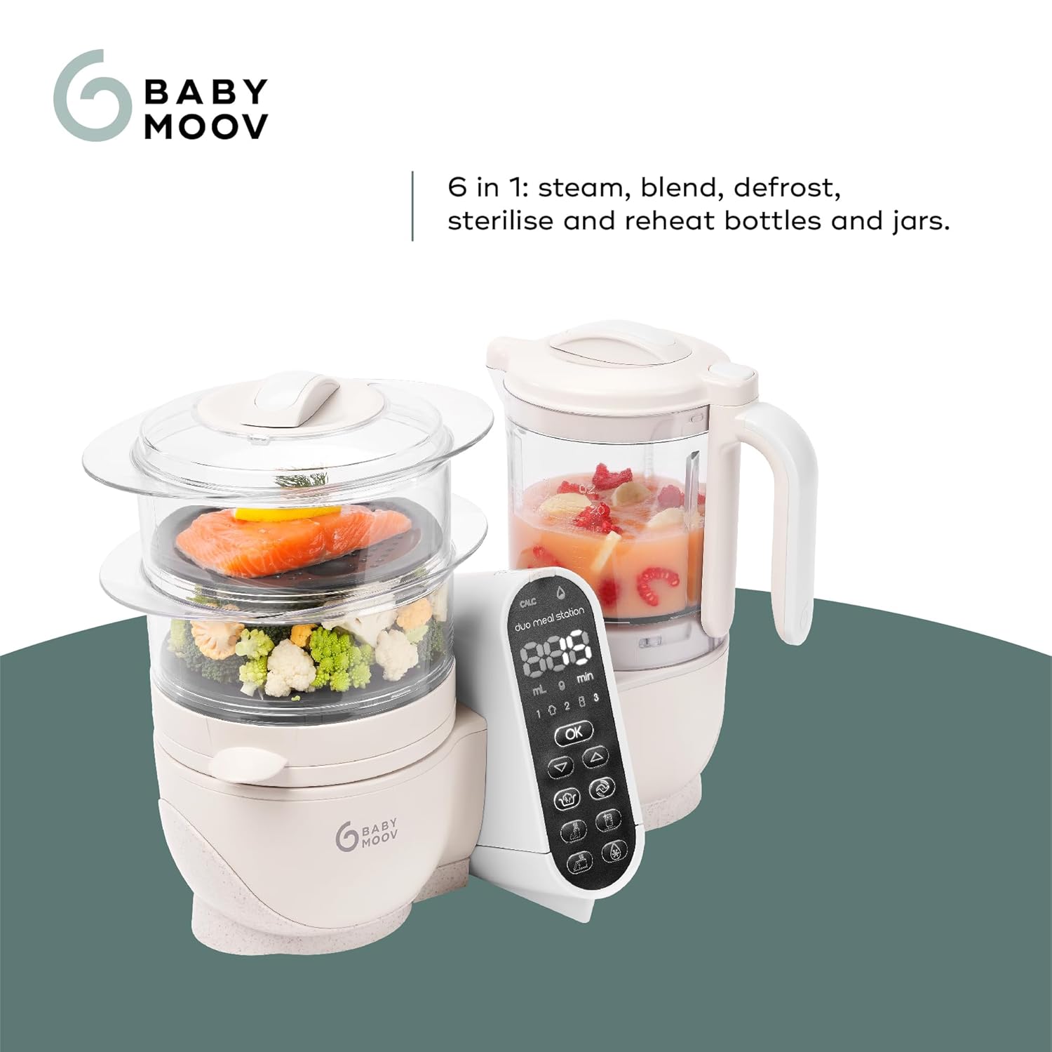 Babymoov Duo Meal Station – Máquina de alimentos 6 en 1, procesador de alimentos con olla de vapor, licuadora de múltiples velocidades, purés de bebé, calentador, descongelador, 1 unidad, beige