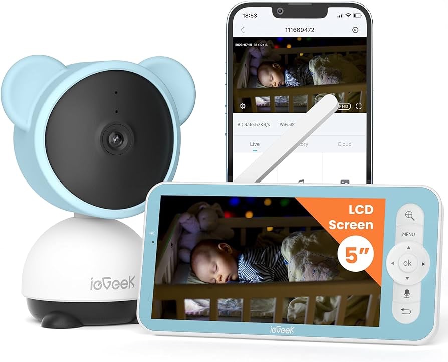 ieGeek Monitor de bebé de video de 5 pulgadas con cámara HD 1080P, control de aplicación WiFi para teléfono inteligente, visión nocturna, detección de sonido y movimiento, conversación de 2 vías, PTZ