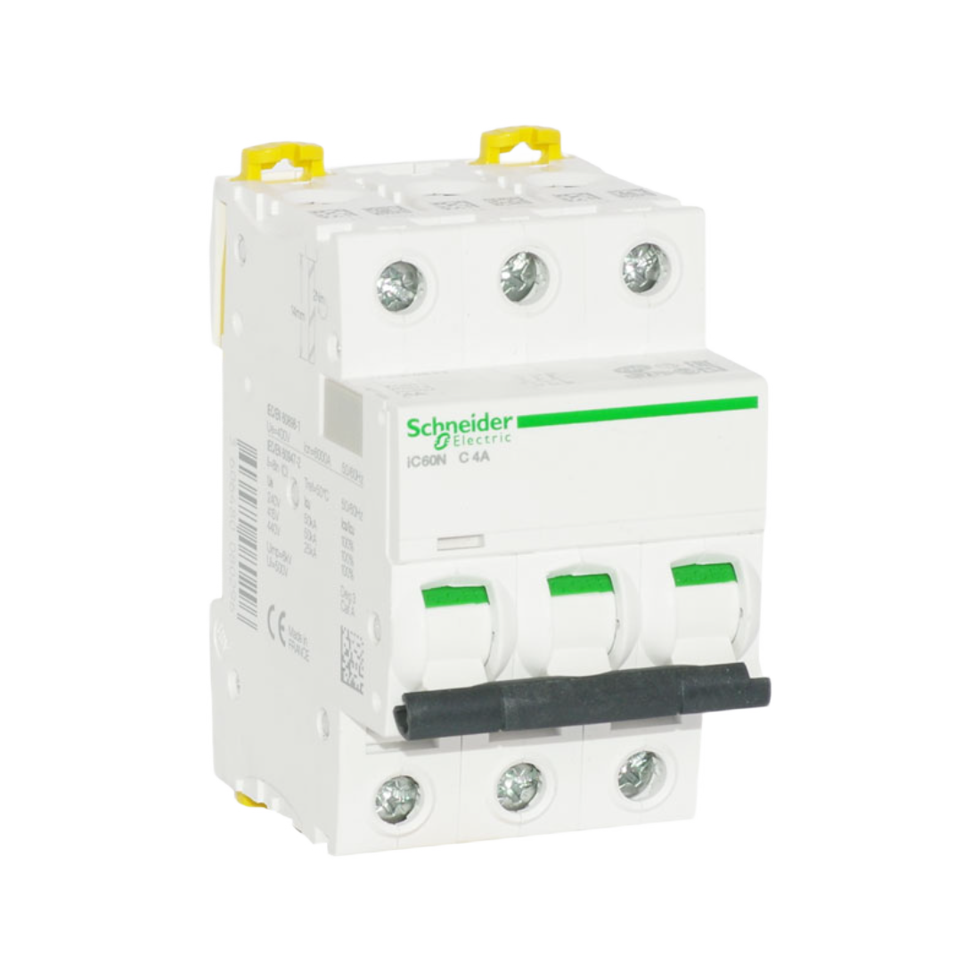 SCHNEIDER A9F74304 INTERRUPTOR TERMOMAGNETICO MONTAJE RIEL 230/440VAC 3P 4A ACTI9 IC60N CURVA C