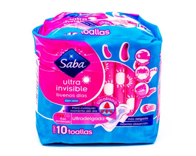 Toallas sanitarias Saba invisible delgada con alas 10 toallas