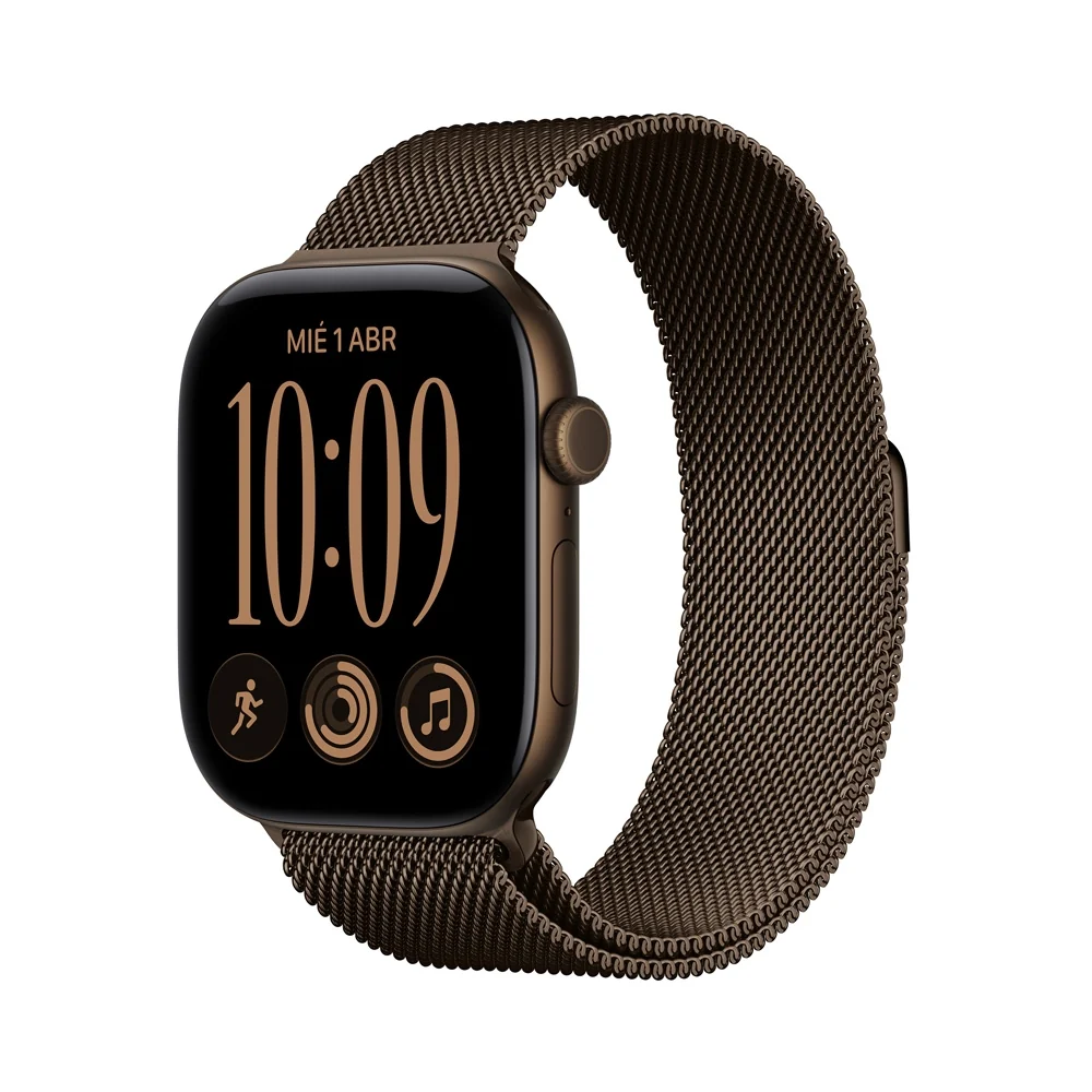 Apple Watch Series 12 GPS • Caja de aluminio color bronce oscuro de 46 mm • Correa estilo milanés color bronce oscuro – M/L