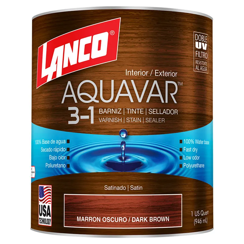 Barniz 3 en 1 base agua Aquavar marrón oscuro satinado 1/4 gal Lanco