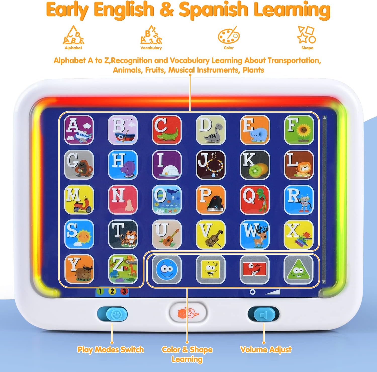 Tablet educativa bilingüe para aprender letras, palabras, colores y formas en español e inglés. Ideal para niños desde 18 meses.