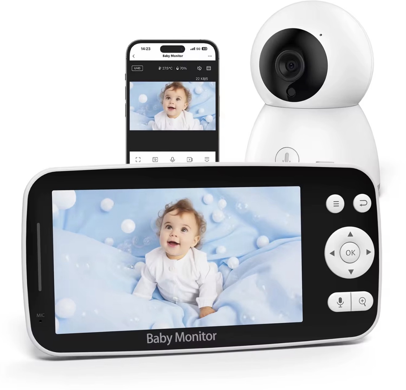 Monitor para Bebé WiFi con Cámara HD y Pantalla Portátil Incluida – Visión Nocturna, App para Celular, Audio Bidireccional, Detección de Movimiento y Llanto, Control Remoto 355°/120° y Monitoreo de Temperatura