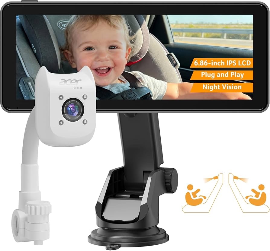 Cámara para Bebé en Automóvil Acer con Pantalla LCD IPS de 6.86” | Visión Nocturna 1080P, Rotación 360°, Instalación Fácil y Monitoreo Seguro del Asiento Trasero