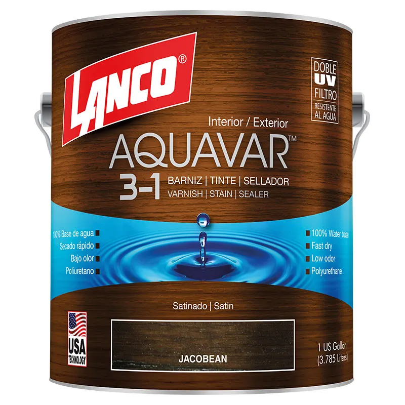 Barniz 3 en 1 base agua Aquavar jacobean satinado 1 gal Lanco