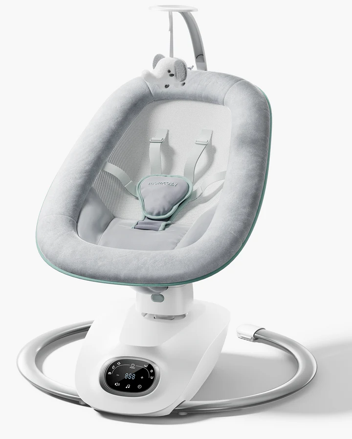 Mecedora eléctrica para bebé, asiento giratorio de 180°, 6 movimientos de balanceo similares a los padres y 4 velocidades, control remoto, funda lavable a máquina