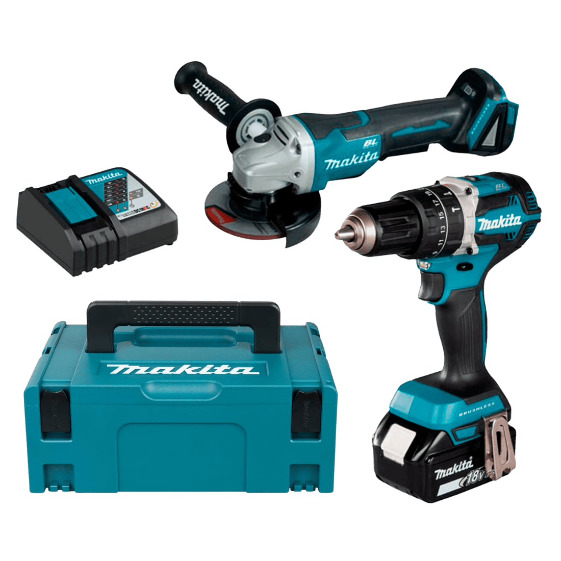 MAKITA DHP484 + DGA455 COMBO 18V TALADRO PERCUTOR 1/2" 65NM+ESMERILADORA 4-1/2" C/1 BAT LITIO-ION 5AH Y CARGADOR DC18RC