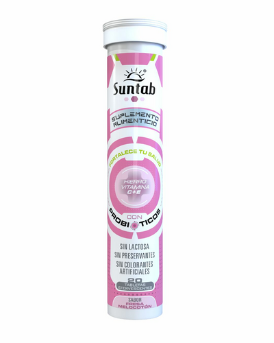 Suntab Alimenticio con Hierro Vit C+E y probioticos sabor Fresa Melocoton