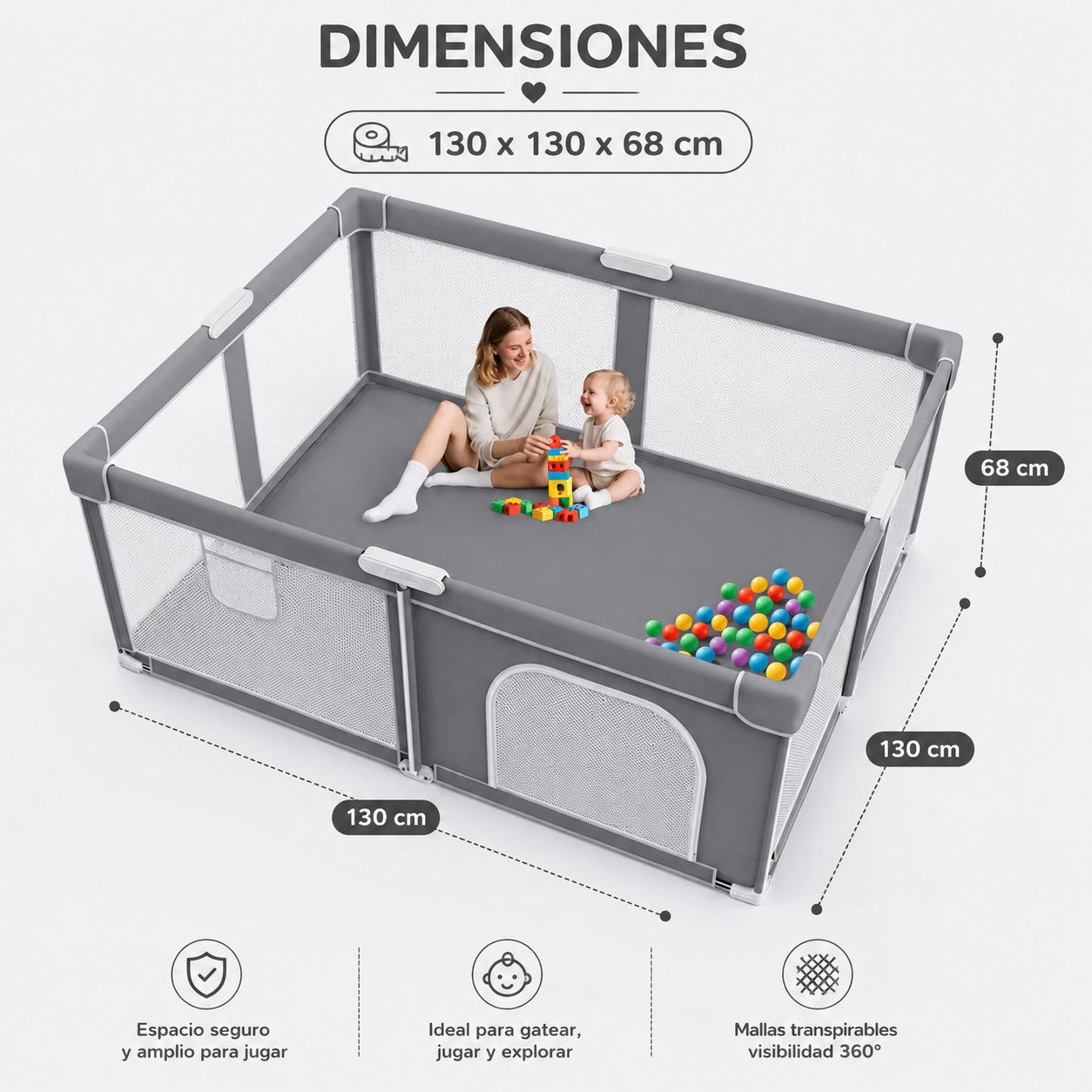 Corralito Plegable para Bebé 130 × 130 × 68 cm | Incluye alfombra, Bolsa de Transporte y Bolas Oceánicas