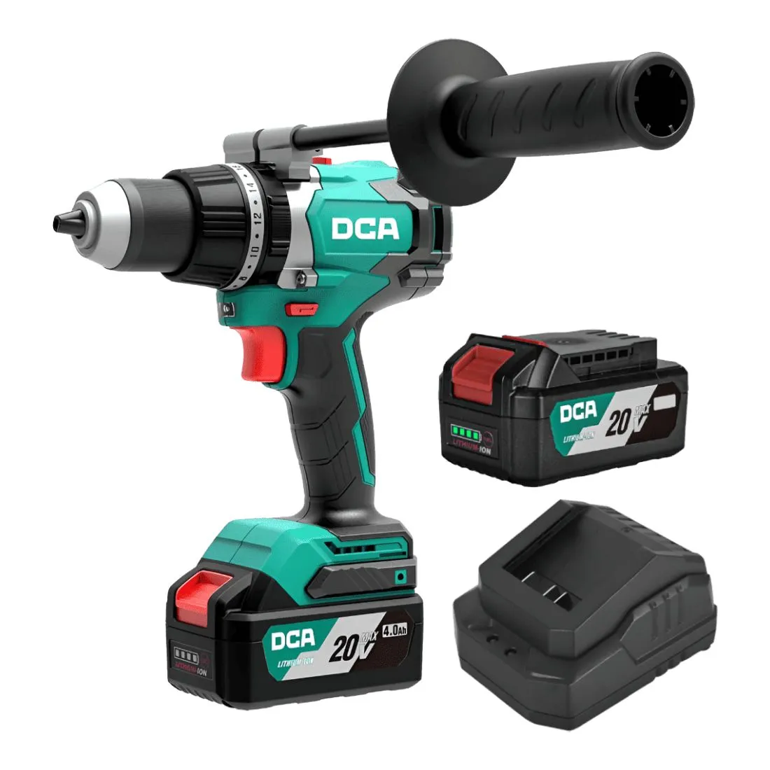 Taladro percutor atornillador bat 20v 13mm (1/2") 120nm 850w sin carb + 2 bat 4ah y carg DCA