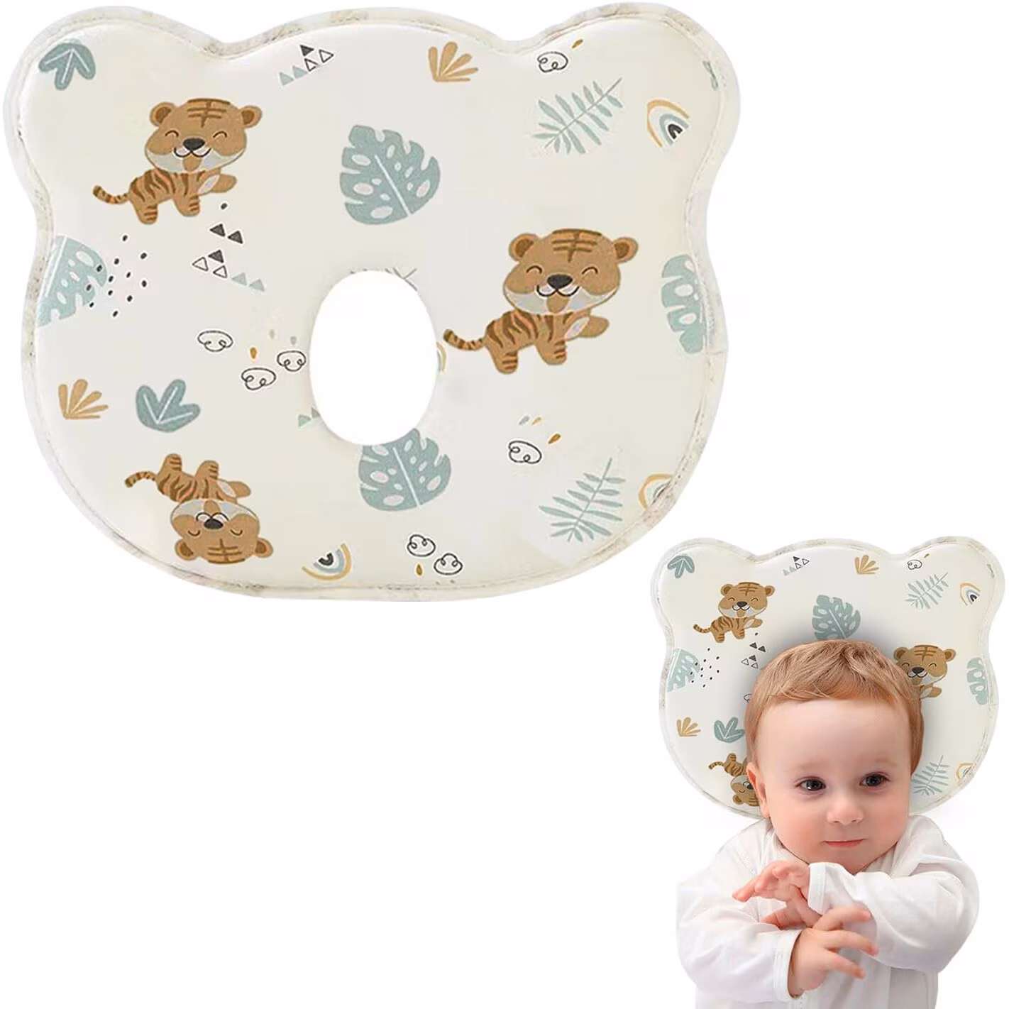 Almohada para Bebé de Espuma de Memoria 3D – Diseño Ergonómico para Moldear la Cabeza del Bebé, tigre