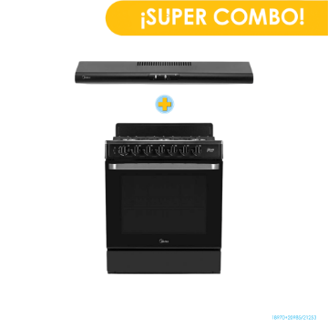 Combo MIDEA Cocina a Gas MGS30FS1BEABB 30" Negra + Extractor Grasa MJUD30S3GB 30" Negro