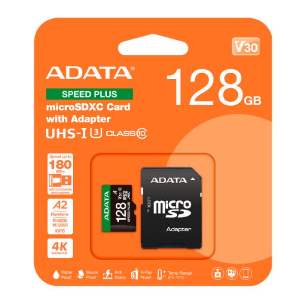 MEMORIA MICRO SDXC 128GB ADATA SPEED PLUS 180/160 MB/S CON ADAPTADOR COMPATIBLE CON DRONES NINTENDO