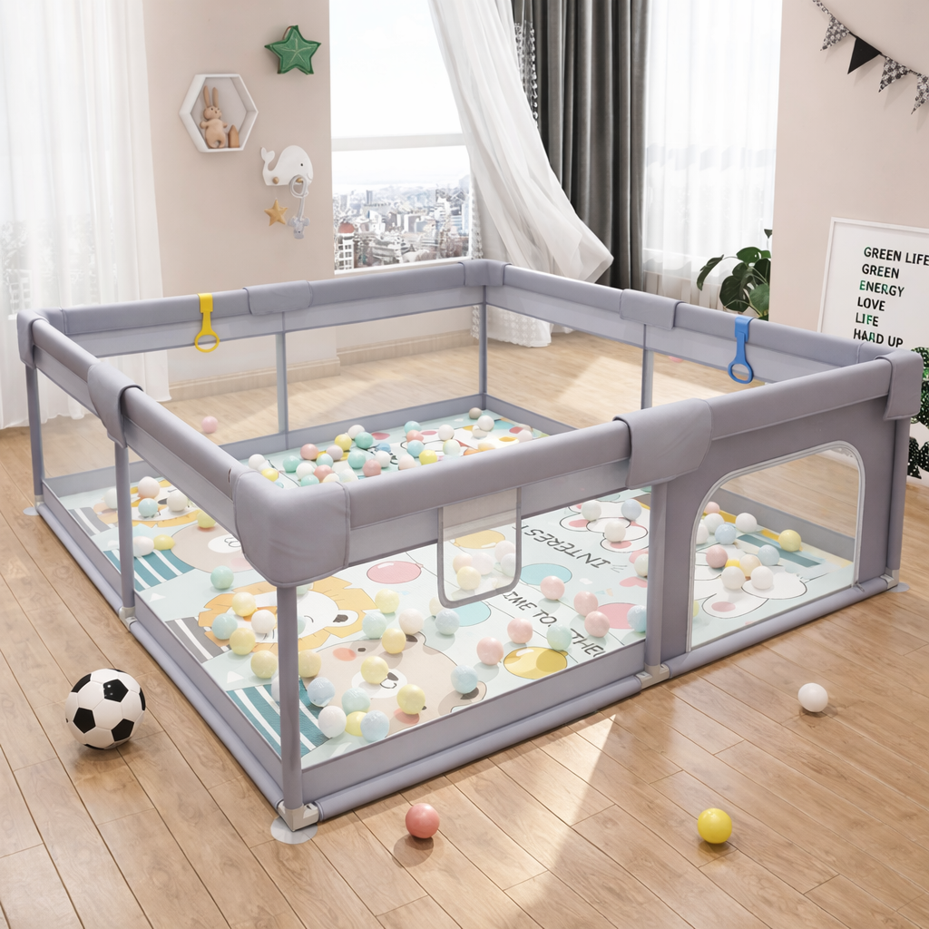 Corral o corralito de Juegos para Bebés con Malla de Seguridad, Puerta con Cremallera, incluye alfombra, pelotas, agarraderas, y bolsa de trasnporte, 150×200, gris