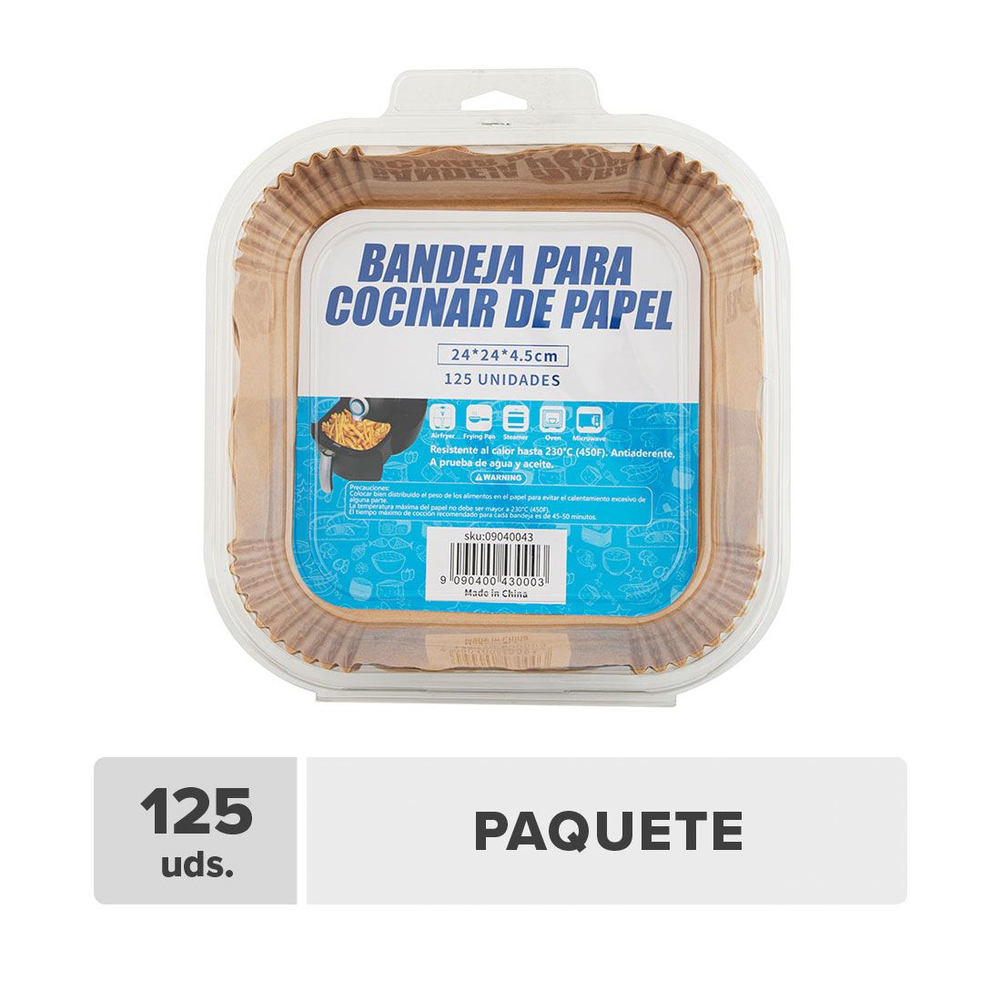 Bandeja freidora cuadrada papel 125unds