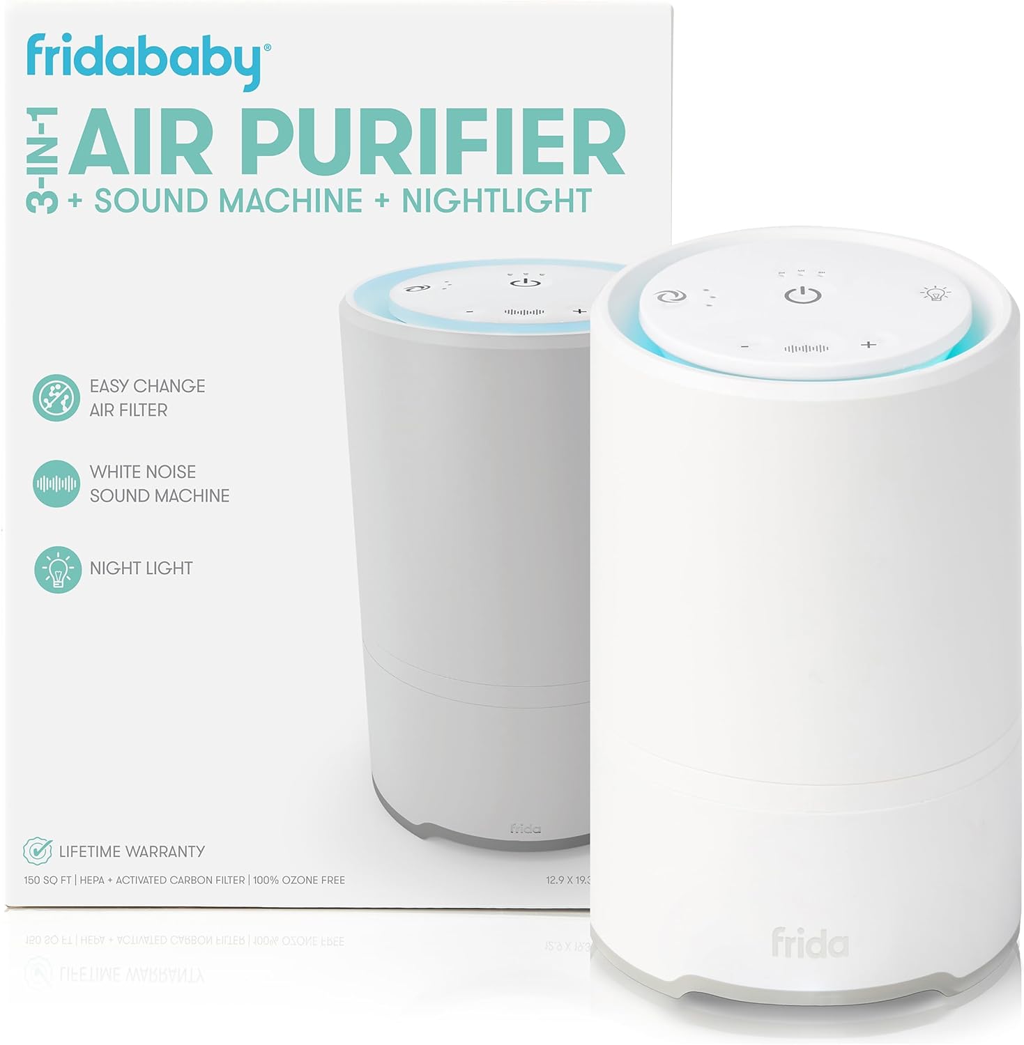 Frida Baby Máquina de sonido 3 en 1, purificador de aire + luz nocturna con 3 velocidades de ventilador y filtro de fácil cambio