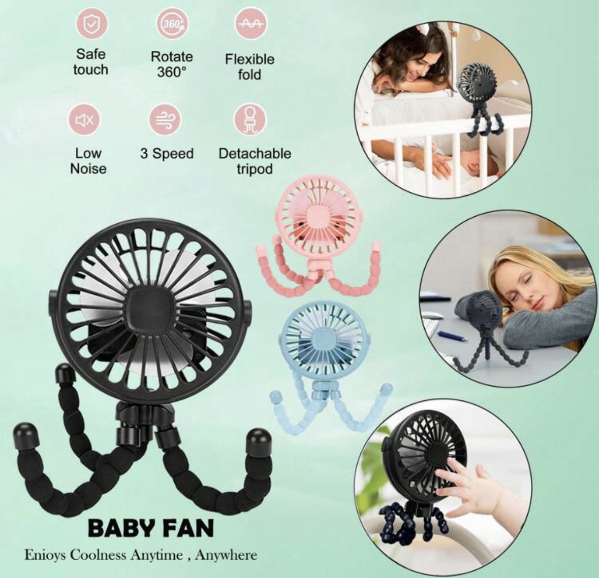 Ventilador Pulpo Portátil para Carriola y Escritorio – Color Negro