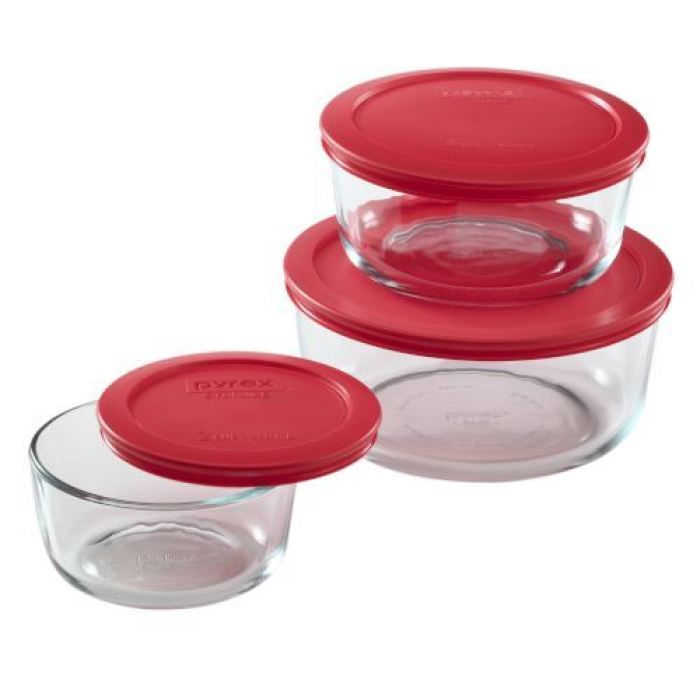 REFRACTARIOS CON TAPA ROJA JUEGO 6 PIEZAS MARCA PYREX (071160043077)