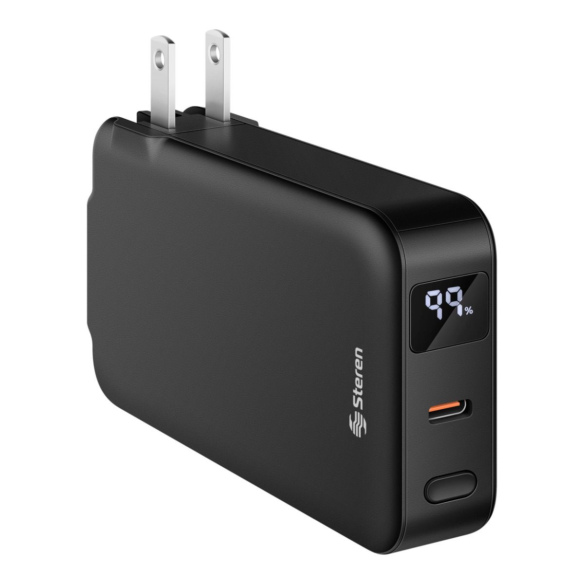 Cargador USB con Power Bank de 5,000 mAh, PD 20 W con 1 salida USB C, cables integrados USB C y Lightning* y clavija abatible