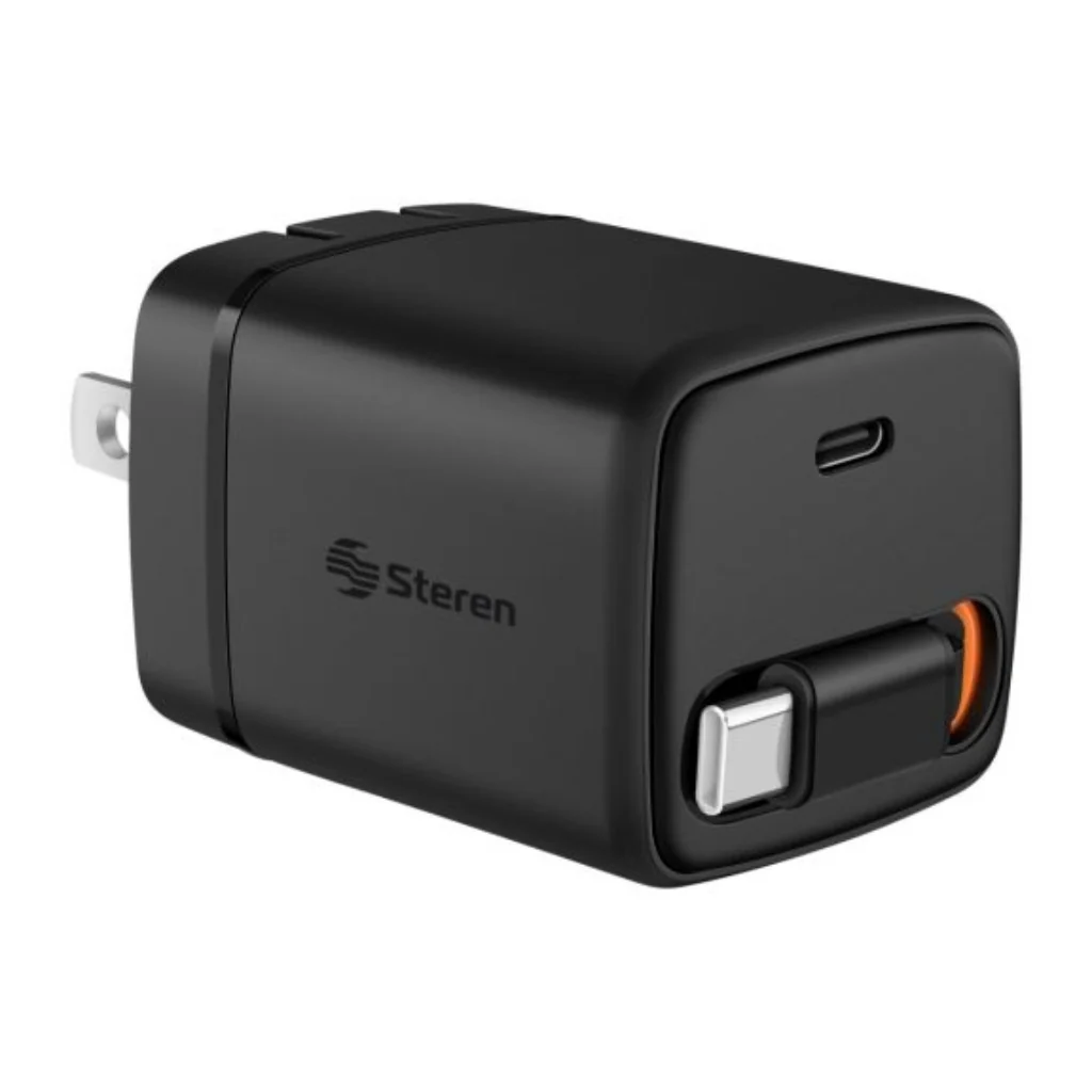 Steren Cargador de Pared GaN USB-C y PD de 45 W con Cable Retráctil