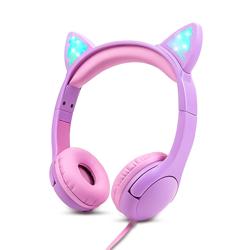Olyre Kids Wired Headphones LED Light-Up Cat Ears Headset, Dual