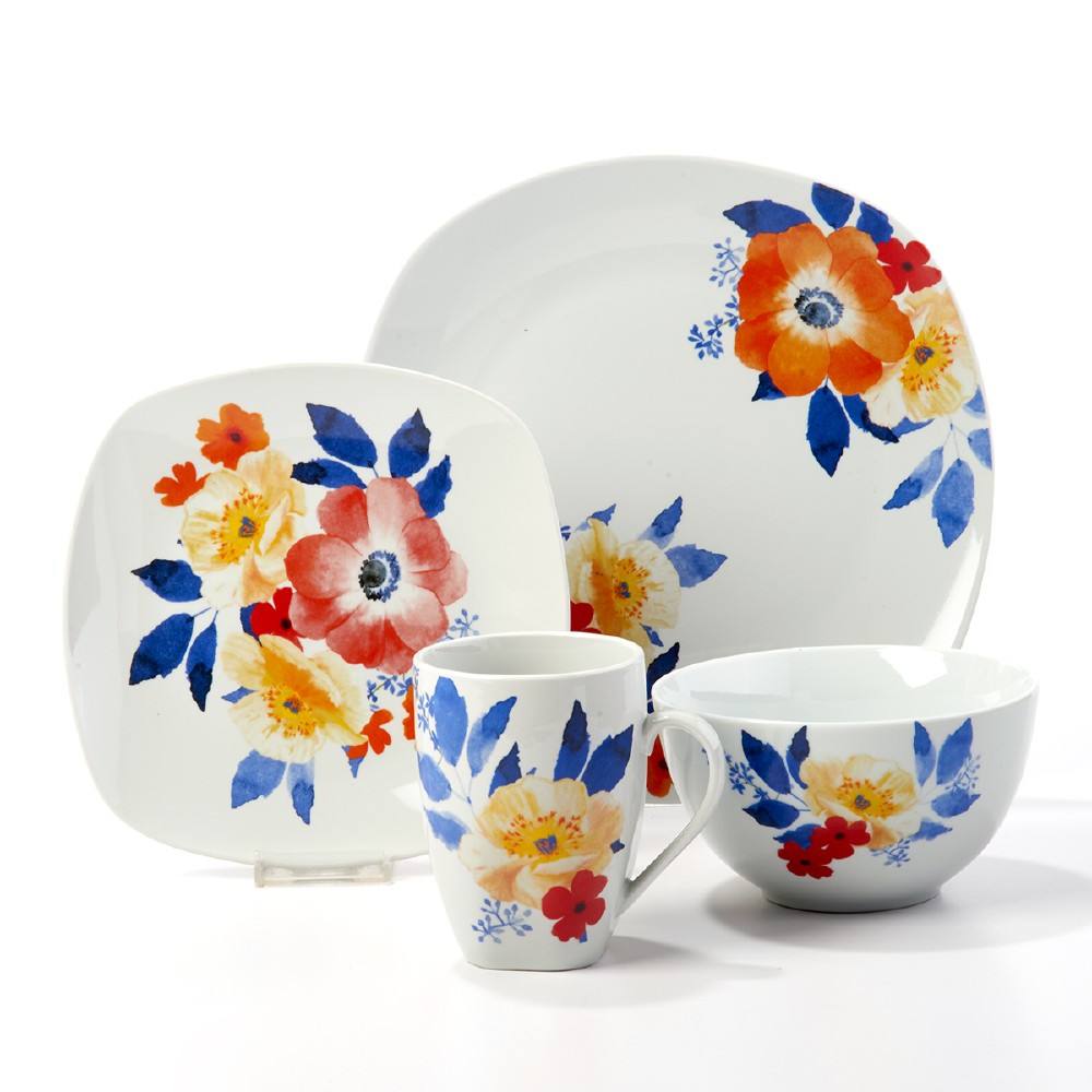 Vajilla de porcelana blanca floreada 16 piezas