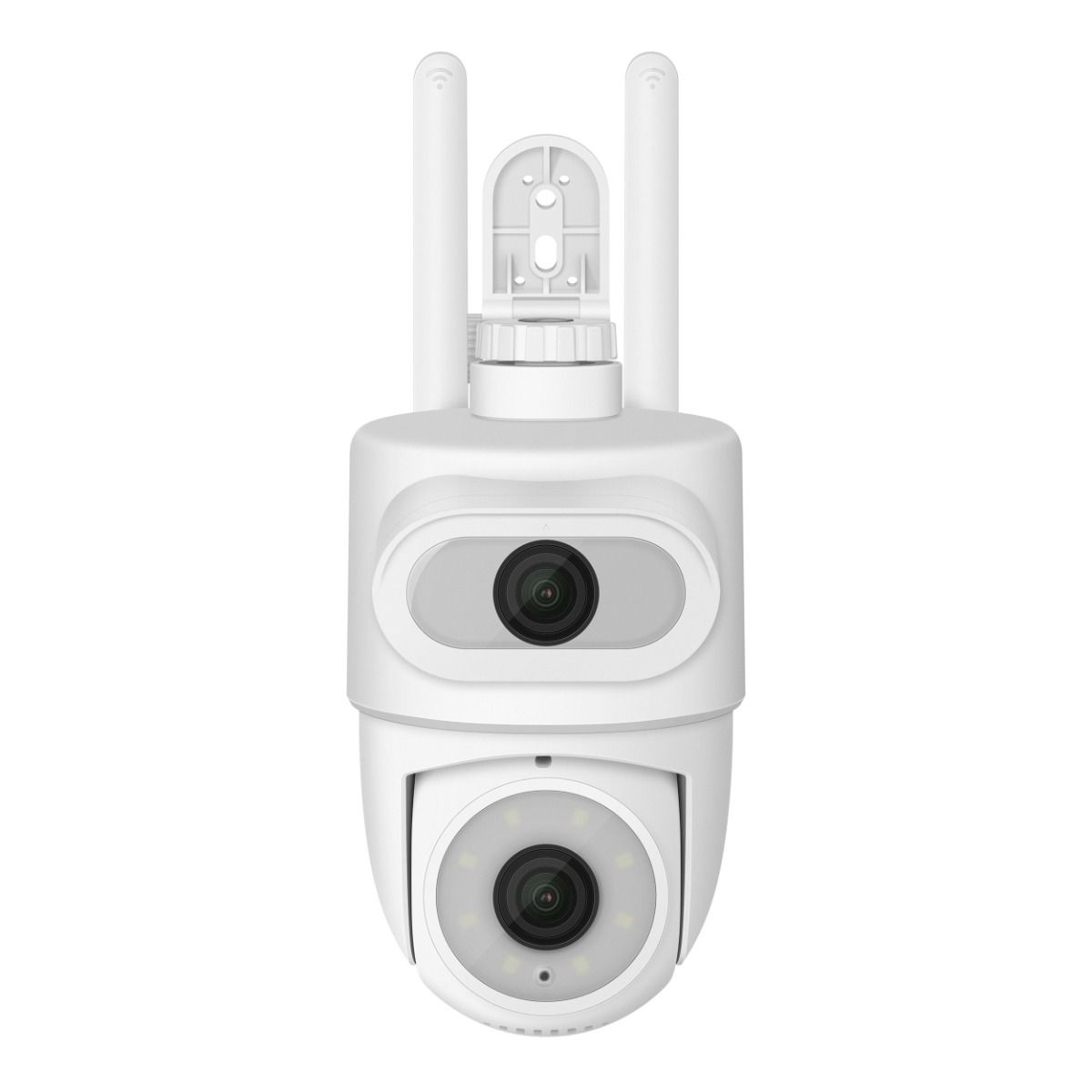 Cámara de seguridad Wi-Fi de doble lente 2 Mpx + 2 Mpx robotizada tipo domo para exterior con seguidor de movimiento, compatible con asistentes de voz