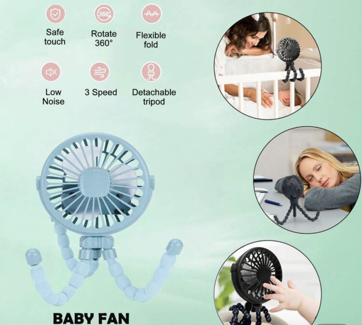 Ventilador Pulpo Portátil para Carriola y Escritorio – Color Celeste