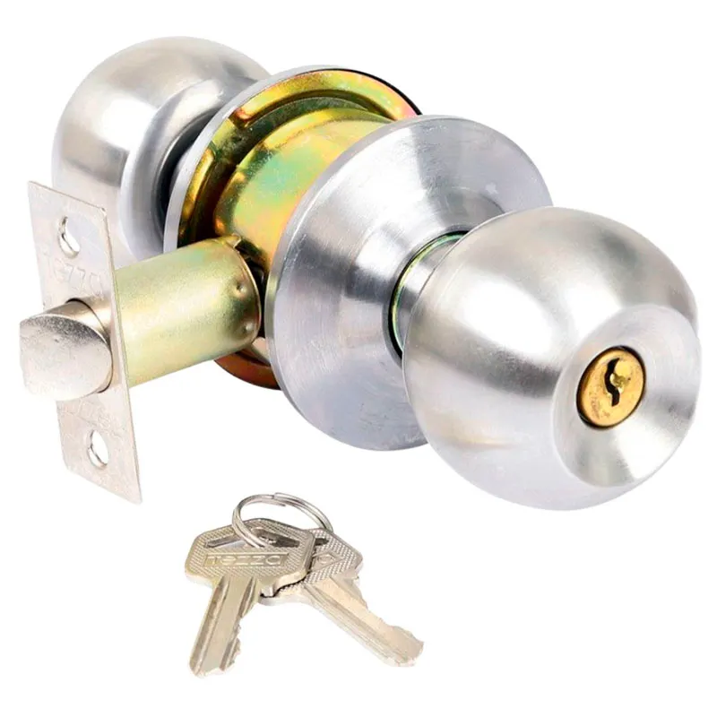 Pomo con llave cerradura y pestillo acero inoxidable satín Tezza