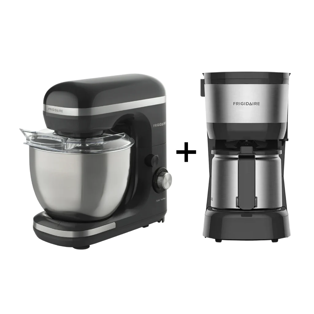 Frigidaire Batidora de Pedestal con Tazón 4 Litros, FKM40 + Coffee Maker Jarra Acero Inoxidable 15 Tazas FCM12