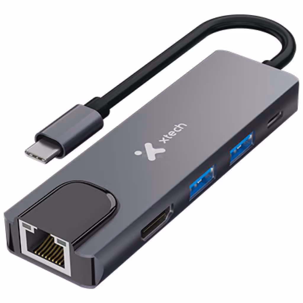 ADAPTADOR XTECH USB TIPO C MACHO 5 EN 1 RJ45 – HDMI – 2XUSB 3.0 – USB-C