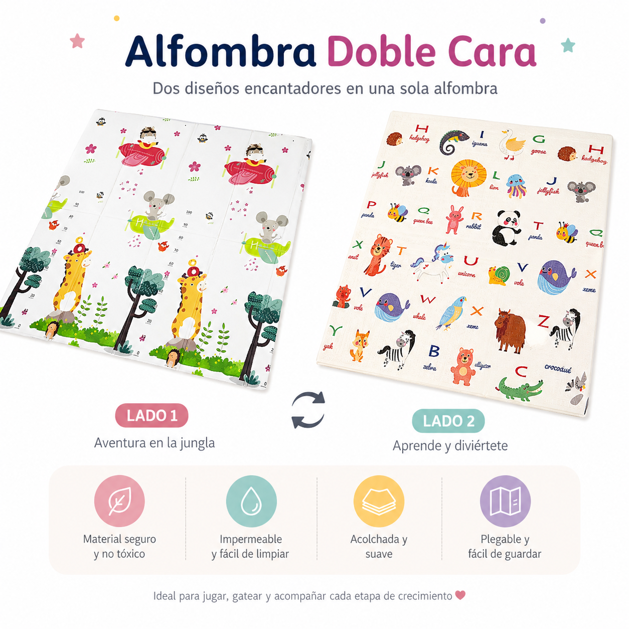 Alfombra de Juego reversible y plegable– Diseño jirafa y animales(150x180cm)