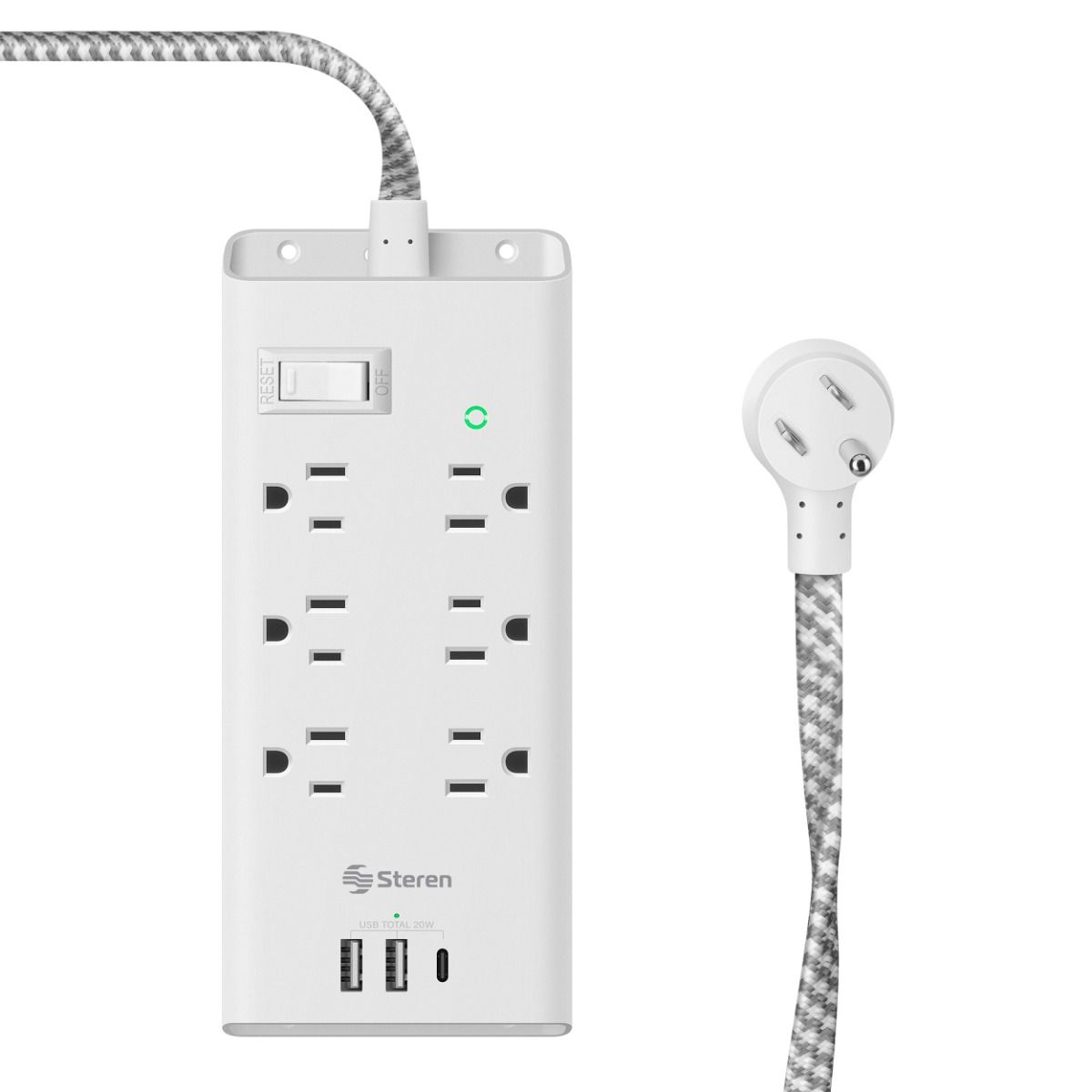 Multitoma de 6 salidas con supresor de picos (456 J), 2 cargadores USB y 1 cargador USB C