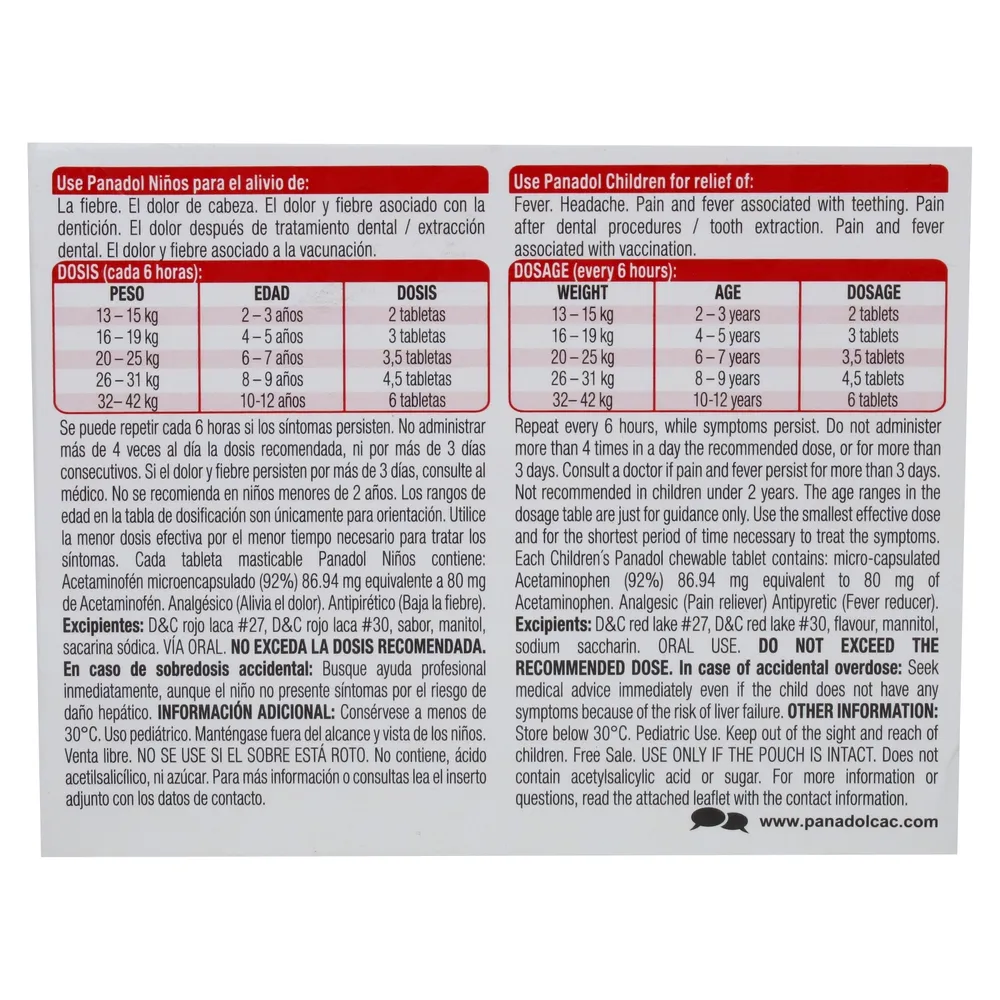 Analgésico Acetaminofén, Panadol Niños Sabor Cereza Masticables, Caja 20 Tabletas