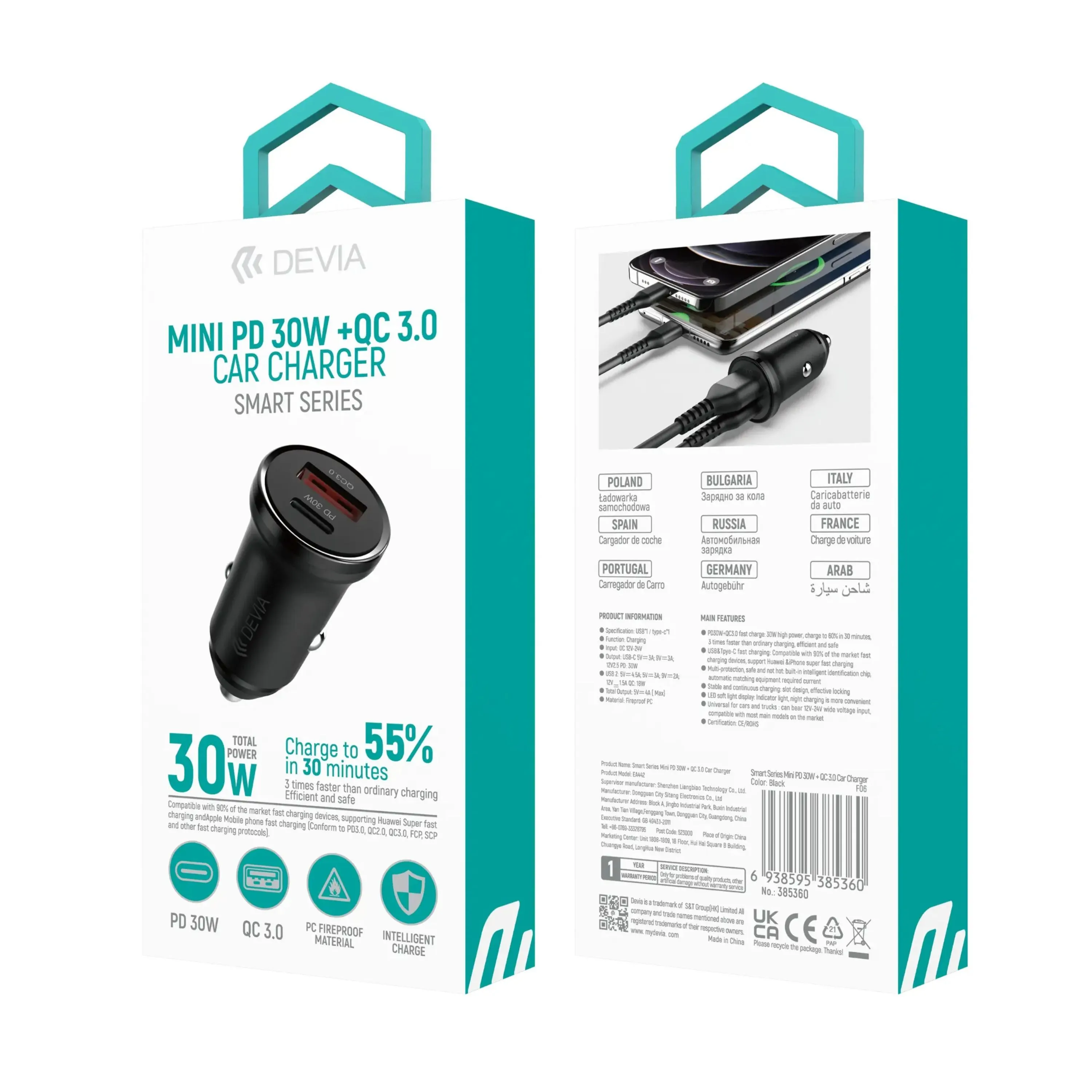 Cargador para carro Devia 30w con 2 puertos USB QC 3.0 carga rapida para iPhone 17-16-15-14-13-12, Galaxy S25-24, Honor