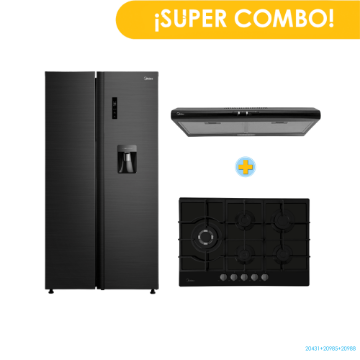 Combo Refrigeradora MIDEA MDRS710FGM28W + Plantilla para Empotrar MIDEA MTGB30TL3402GG + Extractor Grasa MIDEA MJUD30S3GB