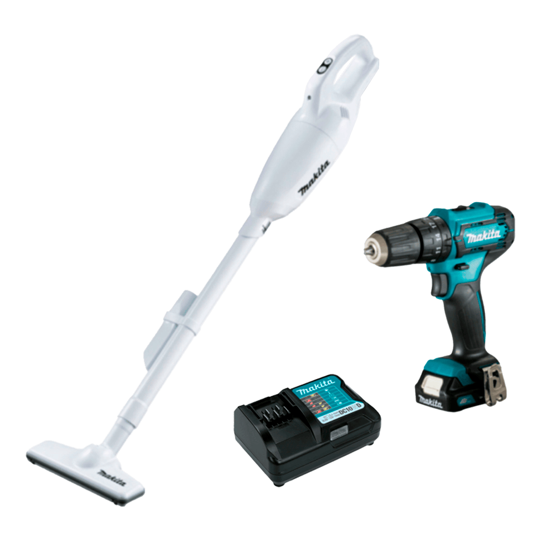 MAKITA HP333DYX3B + CL108FDZW TALADRO PERCUTOR 12V 3/8" C/1 BAT 1.5AH Y CARG + 1 ASPIRADORA 12V 600ML 42.38CFM (SOLO HERRAMIENTA)