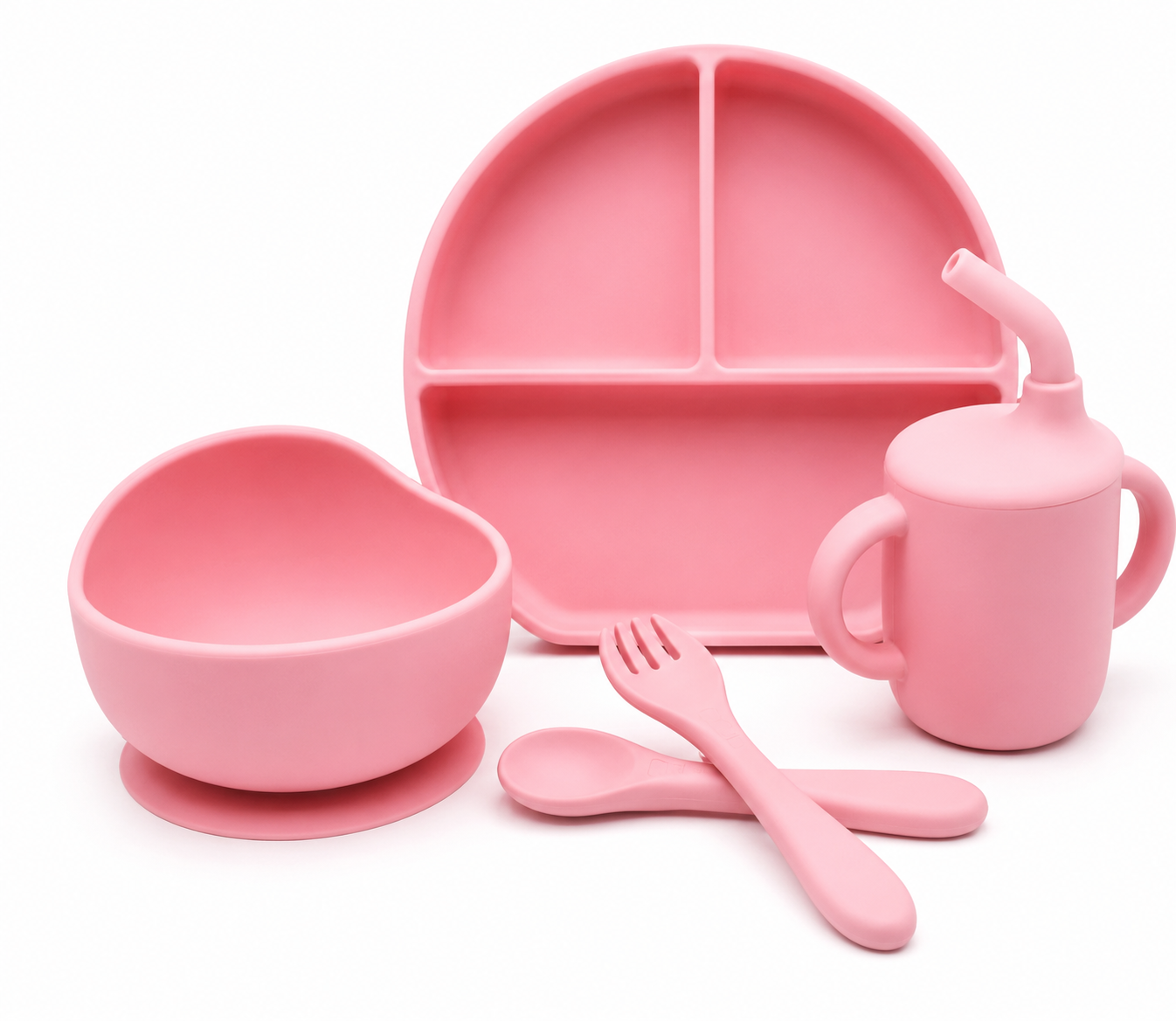 Set de Alimentación de Silicona para Bebé 5 Piezas con Plato Dividido, Tazón con Succión, Vaso con Pajilla y Cubiertos – Color rosado