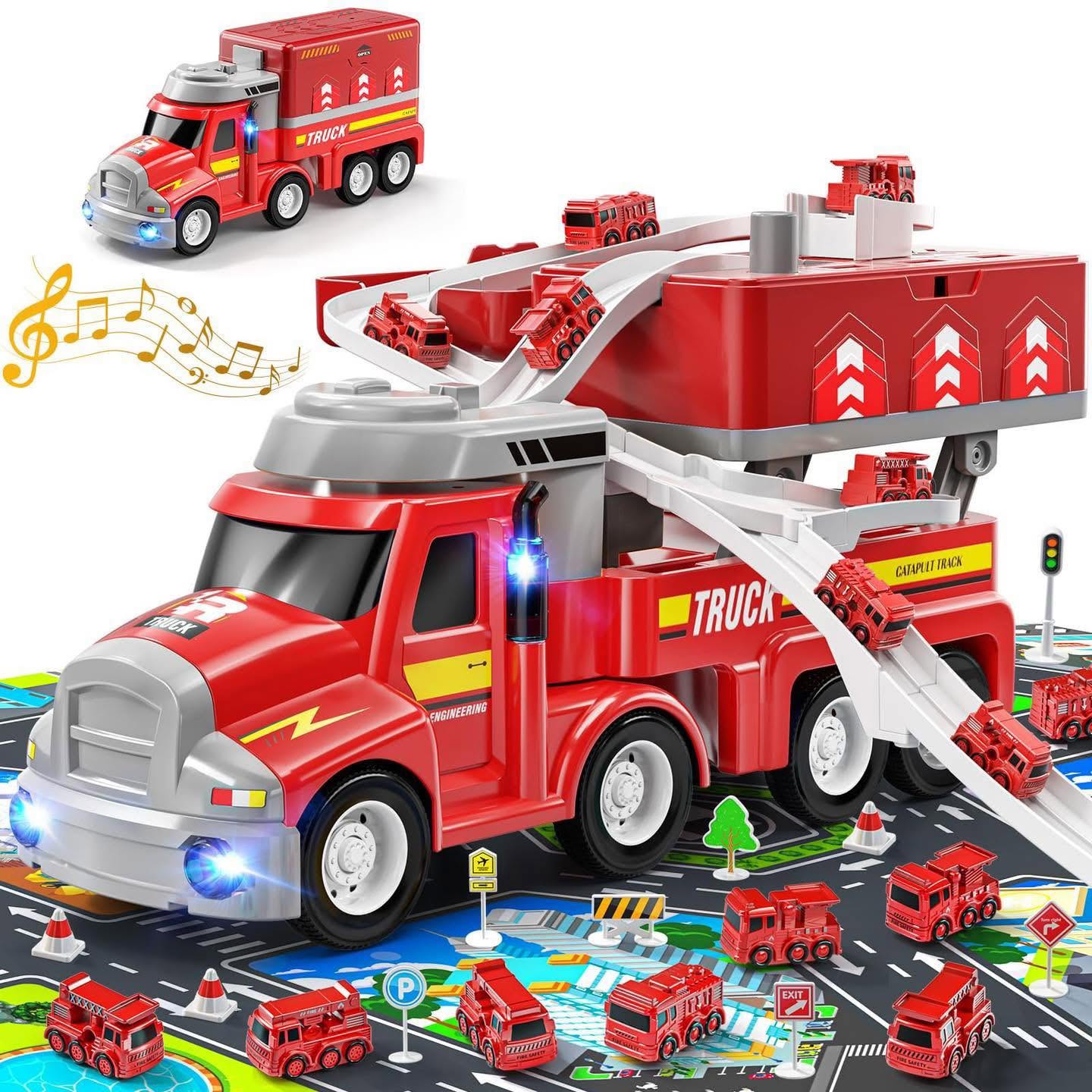 Camión estación de bomberos con alfombra y mini camiones!!