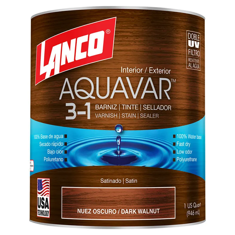 Barniz 3 en 1 base agua Aquavar nuez oscuro satinado 1/4 gal Lanco
