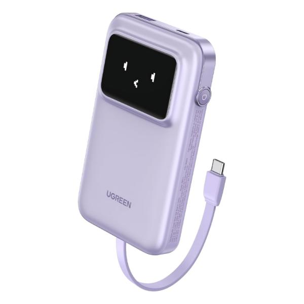 Power Bank Ugreen PB511 10000MAH 30W con Cable Integrado Pantalla TFT USB-C – Morado
