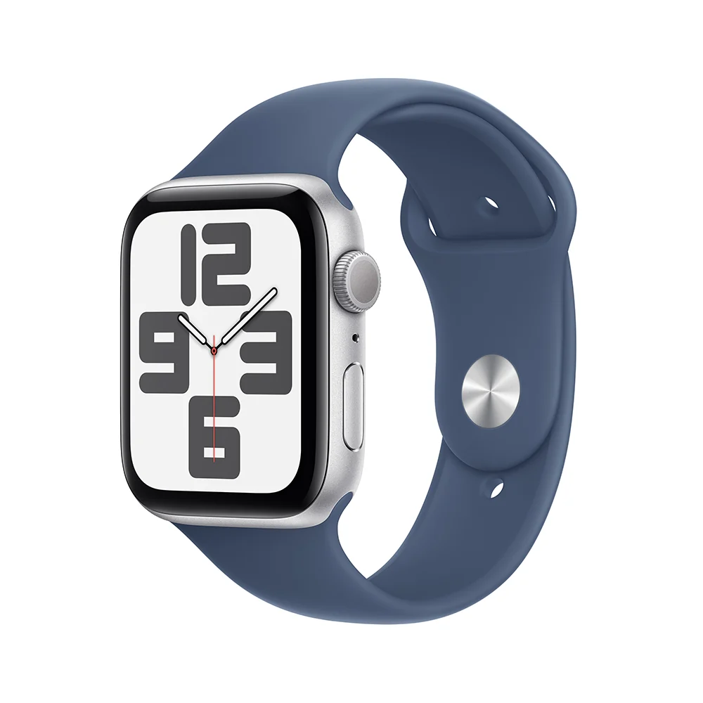 Apple Watch SE GPS • Caja de aluminio color plata de 44 mm • Correa deportiva azul denim - M/L