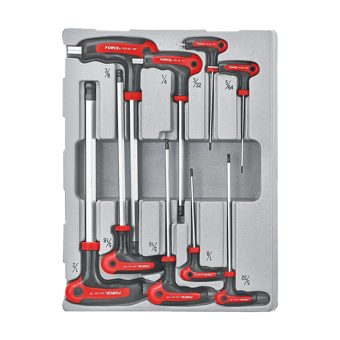 Juego 9 llaves allen punta bola y hexagonal 5/64"-1/2" con mango en bandeja FORCE