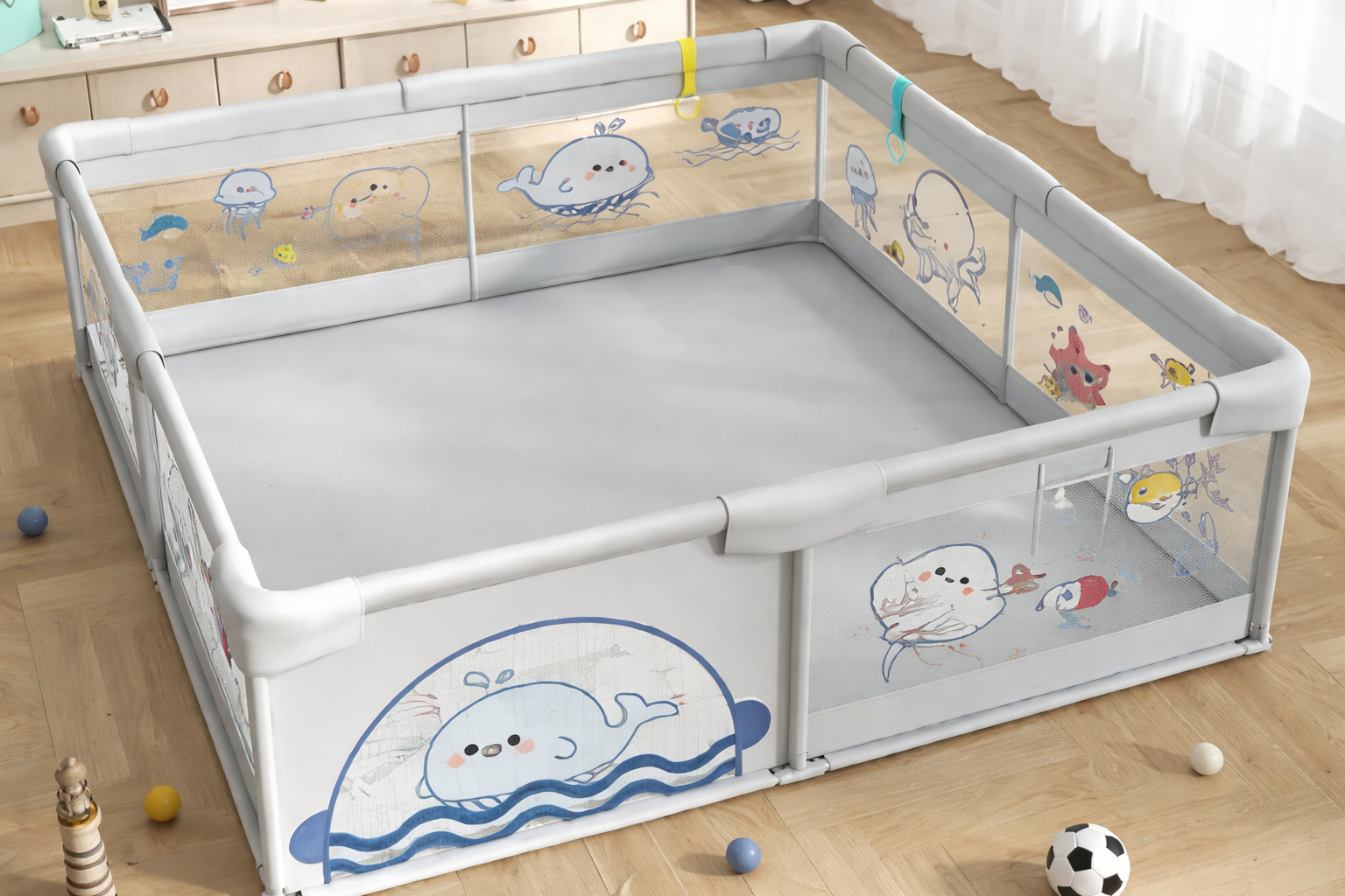 Corral o corralito de Juegos para Bebés con estampado y con Malla de Seguridad, Puerta con Cremallera y 5 Agarraderas – Disponible en 120x120CM, 150x180CM, 180x200CM y 200x200CM (64 cm altura) no incluye alfombra, se vende por separado