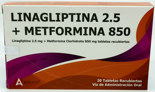 Linagliptina+Metformina Adiuvo, 2.5/850 mg, 20 tabletas