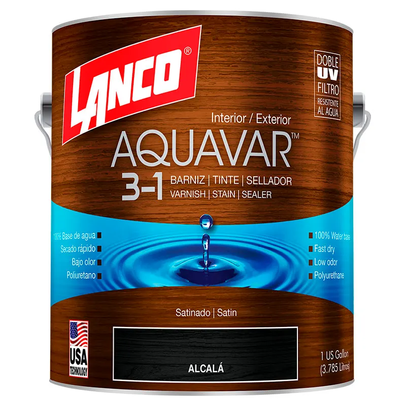 Barniz 3 en 1 base agua Aquavar alcalá satinado 1 gal Lanco