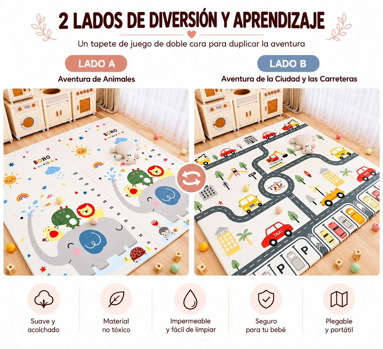 Alfombra Plegable para Bebé 180 × 200 cm | Reversible, Impermeable y Antideslizante
