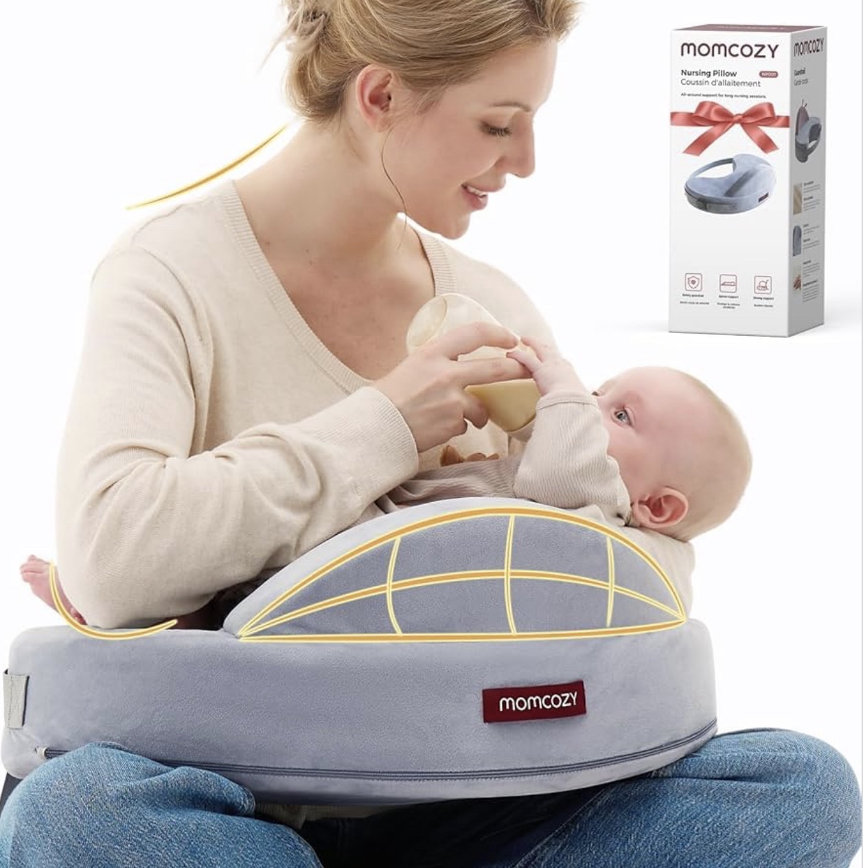 Momcozy Almohada de Lactancia Ergonómica con Espuma Memory Foam – Soporte Firme y Estable con Cinturón Ajustable