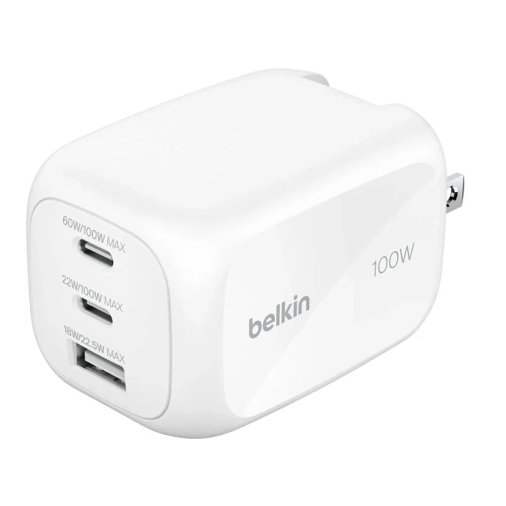 Cargador Belkin GaN de 3 Puertos (2 USB-C/1 USB-A) 100W - Blanco